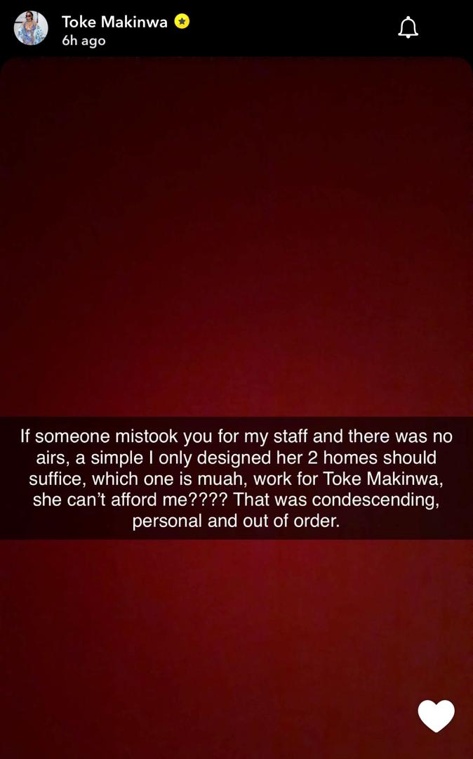 Toke Makinwa responds after being berated for lashing out at Sandra Edoho